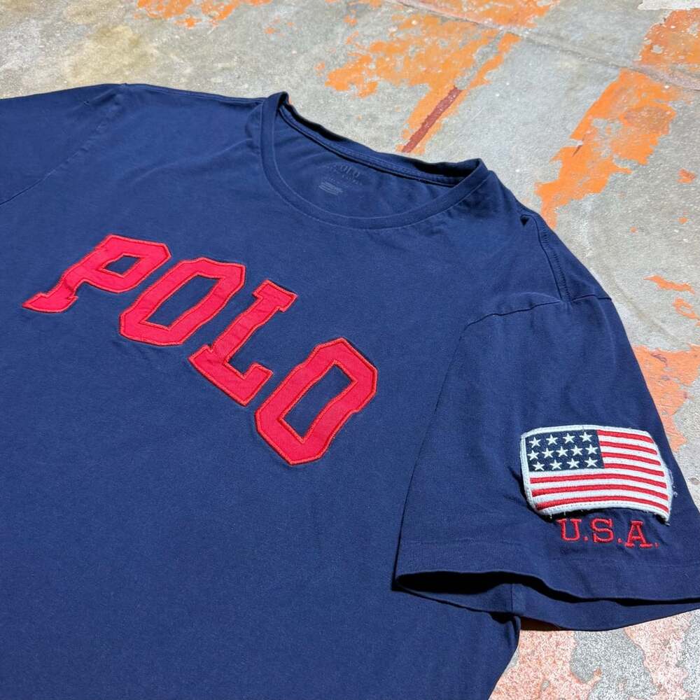 Polo Ralph Lauren Navy Blue T-Shirt with Red POLO Logo and American Flag Patch